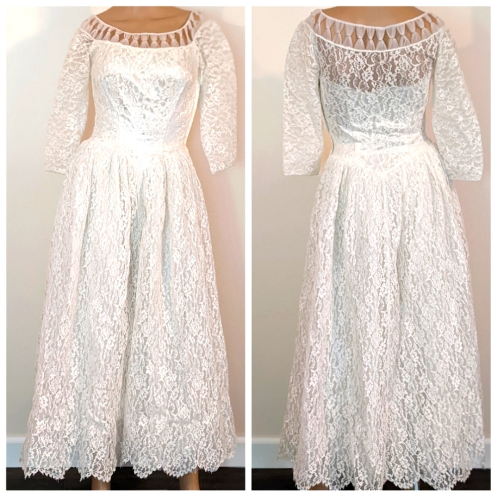 Vintage Formal Lace Tulle Satin Wedding Dress Gown